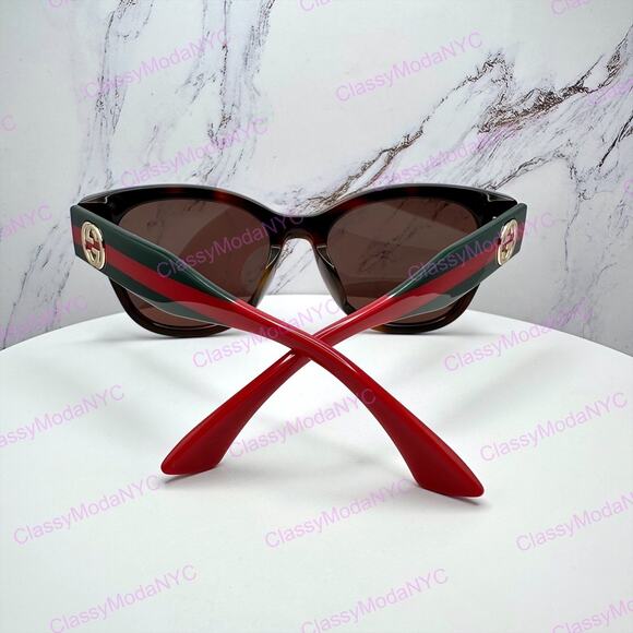 New GUCCI Sunglasses Brown Cat Eye Round Red Green Web Arms Gold GG Womens main image 16